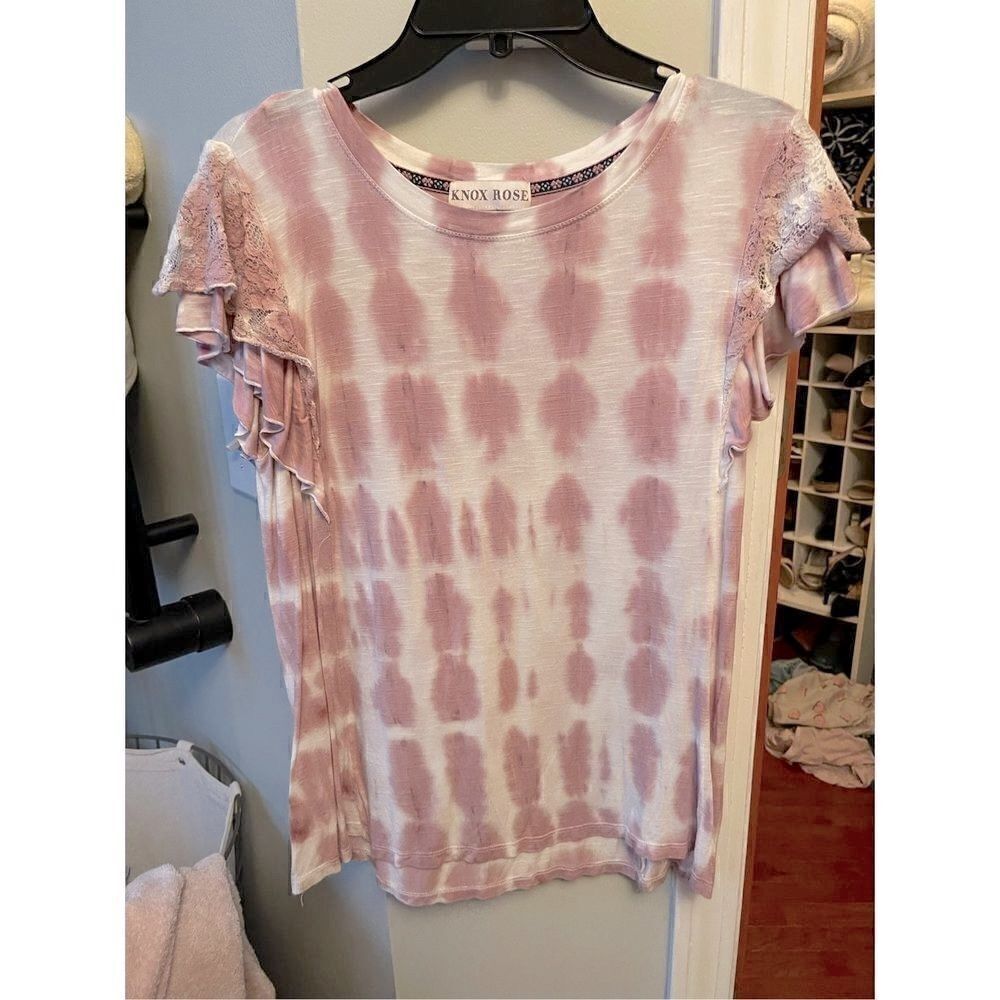 Knox Rose tie-dye top, pink and white, ruffled sleeves, size medium